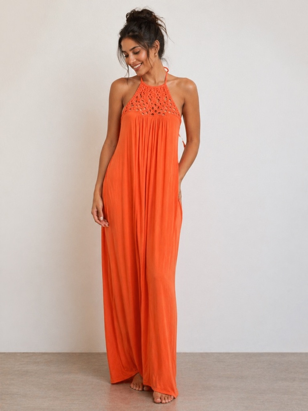 NWT SKY Orange Halter Maxi Dress Medium Boho Flowy Summer Beach Vacation Resort